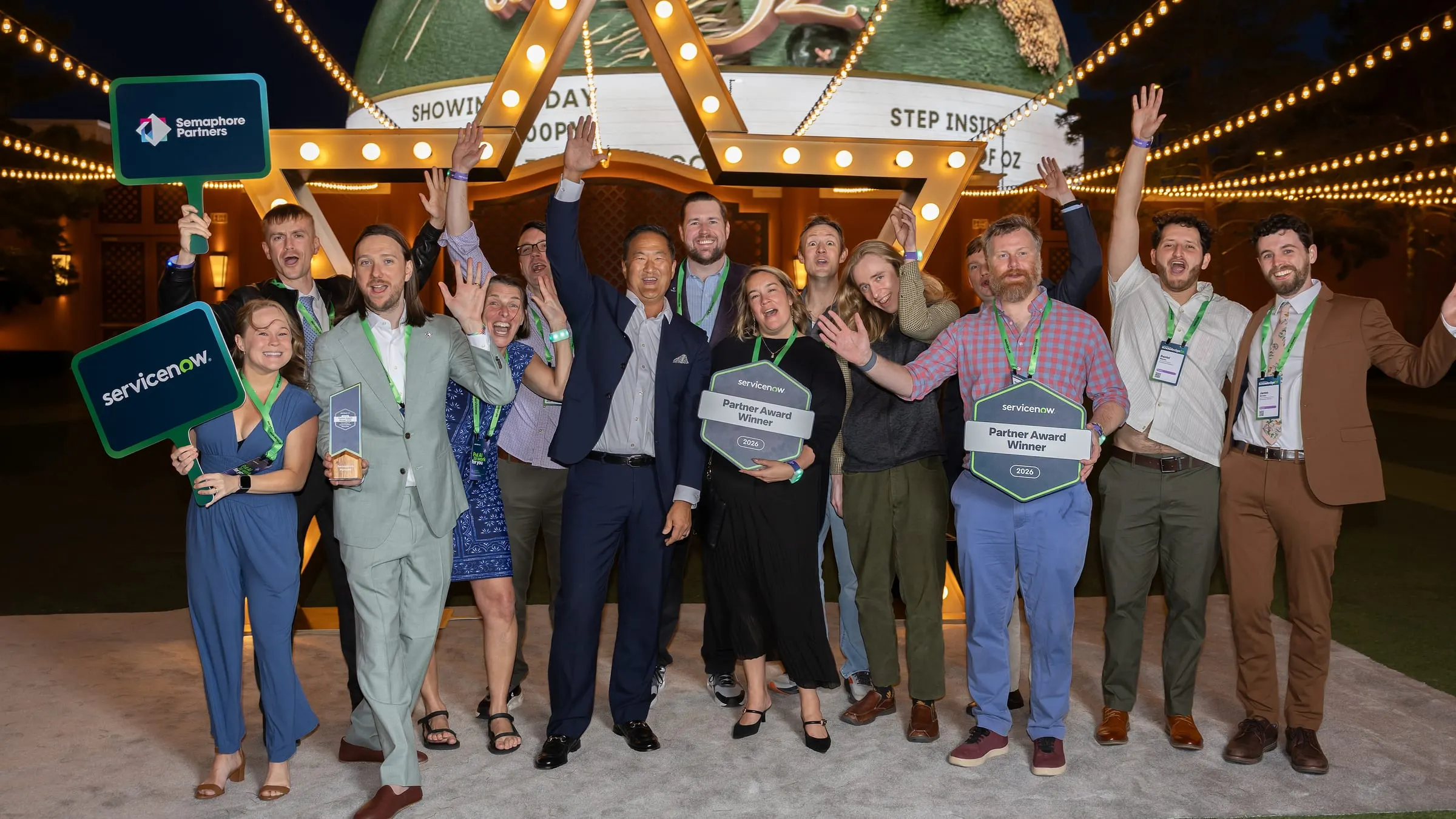 The Semaphore Partners team holding ServiceNow Partner Award Winner 2026 signs at the Knowledge 2026 Partner Award Ceremony in Las Vegas